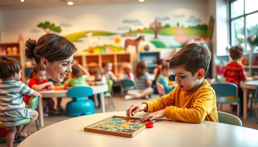A bright, serene room filled with children engaged in various therapeutic activities. In the foreground, a young boy with autism sits at a table, intently working on a puzzle, guided by a patient, caring therapist. In the middle ground, several children participate in interactive games, their faces lit with joy and concentration. The background showcases a colorful, stimulating environment with educational toys, soothing nature scenes, and warm, indirect lighting. The atmosphere is one of warmth, support, and the transformative power of Applied Behavior Analysis (ABA) therapy, helping children with autism reach their full potential.