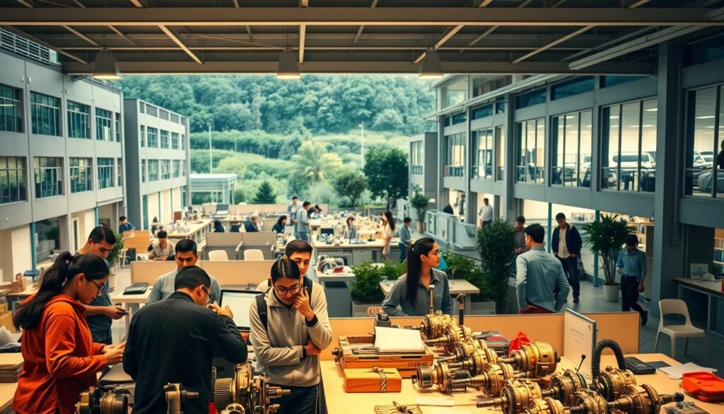 A bustling vocational school campus, with students engaged in practical training and hands-on activities. The foreground features a group of young adults huddled around a workbench, intently examining mechanical components. The middle ground showcases various workshops and laboratories, their windows and doors open, revealing the dedicated work of the students. In the background, modern architecture and a lush, verdant landscape create an atmosphere of learning and innovation. Warm, diffused lighting illuminates the scene, casting a subtle glow and highlighting the sense of purposeful activity. The overall mood conveys the challenges and opportunities inherent in the technical education environment, where practical skills and theoretical knowledge converge to shape the next generation of professionals.