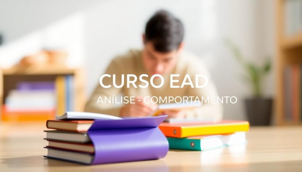 A modern, minimalist online course logo with vibrant colors and a clean, professional design. In the foreground, a stylized illustration of a person studying intently, surrounded by books and learning materials. In the middle ground, the text "CURSO EAD ANÁLISE COMPORTAMENTO" rendered in an elegant, sans-serif font. The background features a soft, blurred gradient in complementary tones, suggesting a sense of depth and focus. The overall composition conveys a mood of dedication, academic rigor, and the convenience of distance learning. The lighting is natural and diffused, creating a warm, inviting atmosphere. The lens captures the scene from a slightly elevated angle, giving it a sense of authority and expertise.