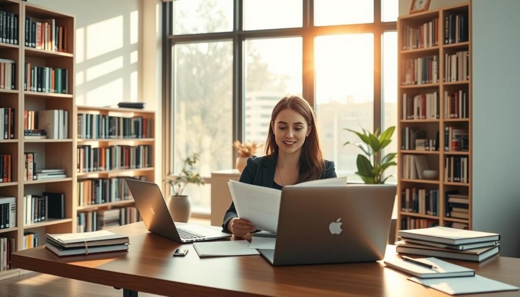 A modern office interior, bathed in warm, natural light streaming through large windows. A young woman, Rayanne Monteiro, sits at a sleek, wooden desk, her expression one of focused concentration as she reviews educational materials. Bookshelves line the walls, filled with volumes on pedagogy and educational psychology. A neatly organized workspace, with a laptop, notepads, and a thoughtful array of office supplies. The atmosphere is one of professionalism and expertise, conveying the personalized, consultative nature of Rayanne's educational services.