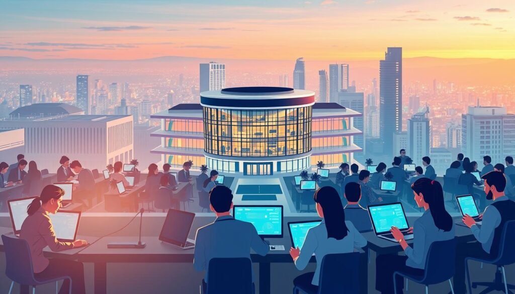 A modern, visually engaging illustration depicting the "metodologia EAD" (distance learning methodology) in the context of the Fasul Faculdade EAD (Fasul Distance Learning College). In the foreground, a group of diverse students actively engaged in online learning, surrounded by digital devices and interfaces. In the middle ground, a sleek, futuristic campus backdrop with state-of-the-art facilities and technology. The background showcases a vibrant cityscape, representing the wide reach and accessibility of the distance learning program. The overall scene conveys a sense of innovation, collaboration, and the seamless integration of education and technology. Lighting is soft and uniform, with a hint of warm tones to create a professional, yet inviting atmosphere. The image should feel realistic, polished, and visually compelling to support the "Diferenciais da Fasul Faculdade EAD" (Fasul Distance Learning College Differentials) section of the article.