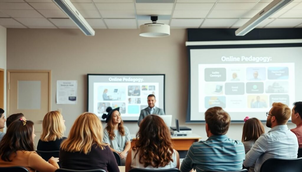 A modern, well-equipped classroom with a cozy, inviting atmosphere. The foreground features a group of diverse students engaged in a lively discussion, their faces animated as they exchange ideas. In the middle ground, a teacher stands at the front, guiding the class with a warm, approachable demeanor. The background showcases a large projection screen displaying visuals related to online pedagogy, emphasizing the digital nature of the course. Soft, diffused lighting creates a pleasant, focused ambiance, while the overall composition suggests a harmonious balance between traditional and innovative teaching methods. The scene conveys a sense of intellectual curiosity, collaborative learning, and the seamless integration of technology in the pedagogical process.