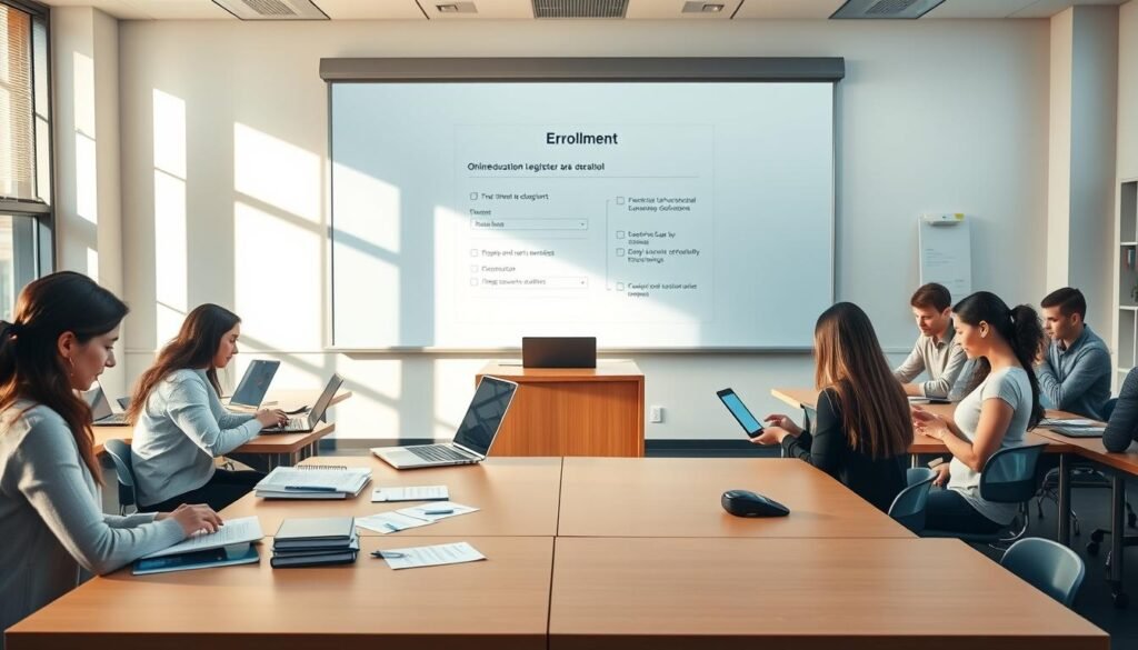A modern, well-lit classroom with a central desk and multiple student workstations. On the desk, various documents and a laptop symbolize the digital enrollment process. Behind the desk, a large whiteboard displays an online education interface, guiding students through the registration steps. The room is bathed in warm, natural lighting, creating a welcoming, professional atmosphere. Several students, dressed in casual attire, are engaged in the enrollment procedure, some using tablets or laptops. The overall scene conveys the efficiency and convenience of the online enrollment experience for a higher education institution.