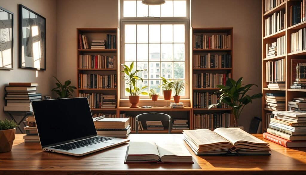 A neatly organized workspace with various resources for certification preparation. In the foreground, a laptop, textbooks, and notes are arranged on a wooden desk, bathed in warm, natural lighting. In the middle ground, a bookshelf filled with reference materials and online study guides creates a sense of structure and depth. The background features a large window, allowing a view of a serene, plant-filled environment, suggesting a peaceful and focused atmosphere. The overall scene conveys a sense of diligence, organization, and a commitment to professional development through the effective use of available resources. IMAGEM REALISTA.