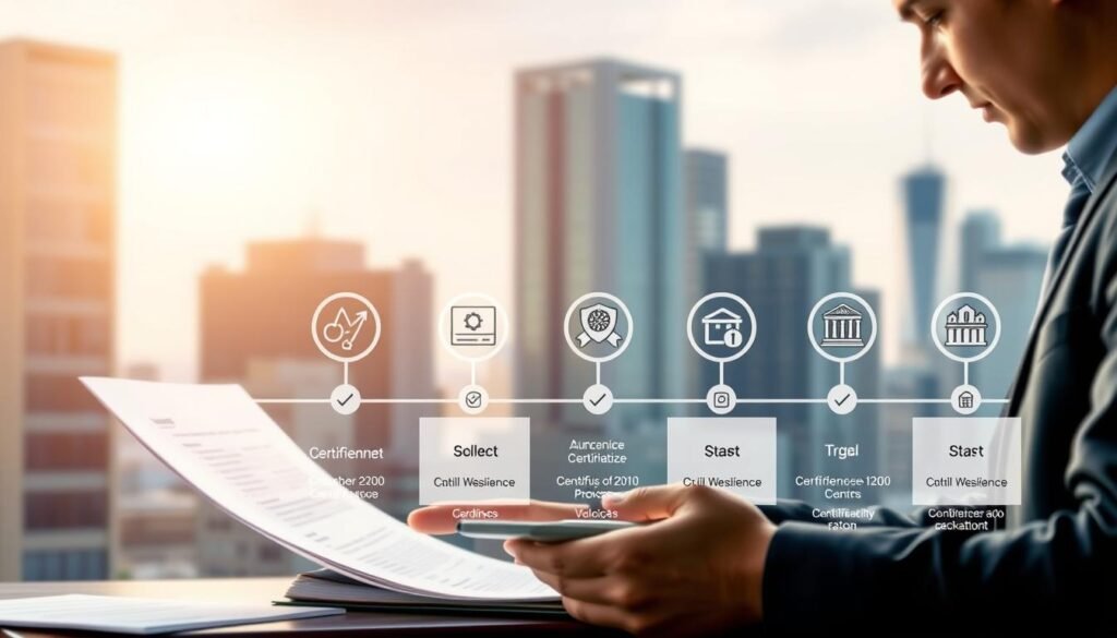 A photorealistic illustration depicting the stages of the certification process. In the foreground, a person carefully reviews documents, surrounded by various icons and symbols representing the different steps. The middle ground showcases a timeline with distinct checkpoints, each with a unique icon. In the background, a blurred cityscape with modern high-rise buildings conveys a sense of professionalism and progress. The lighting is warm and inviting, highlighting the attention to detail and the importance of the certification journey. The overall composition and atmosphere evoke a sense of structure, accomplishment, and the successful completion of a valuable accreditation.