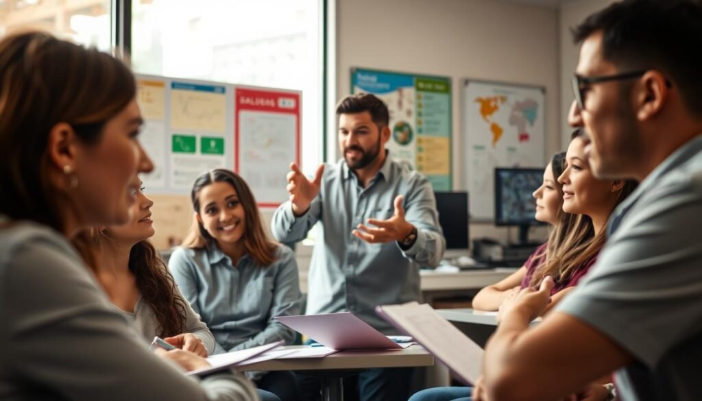 A professional training program in Applied Behavior Analysis (ABA) unfolds before the viewer. The foreground features a group of students intently studying ABA techniques, their faces alight with concentration. In the middle ground, an instructor gestures animatedly, guiding the class through practical demonstrations. The background depicts a modern, well-equipped classroom, adorned with educational posters and cutting-edge technology. Soft, natural lighting filters in, imbuing the scene with a warm, inviting atmosphere. The image conveys the importance of quality ABA training, as envisioned for the Fasul Faculdade EAD program, a realistic illustration of professional development in this specialized field.