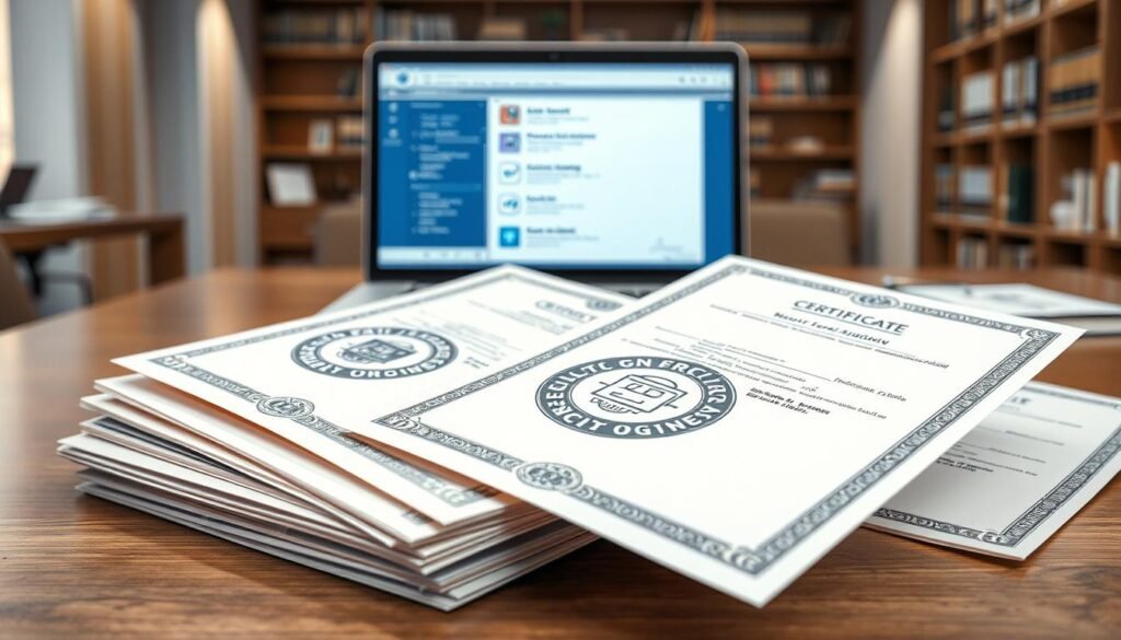 A realistic, detailed image of a legal certification and validation process. In the foreground, a stack of official documents and certificates with intricate security patterns, seals, and emblems, signifying the legal authority and authenticity. In the middle ground, a laptop or tablet displaying relevant digital verification interfaces, highlighting the integration of technological solutions. The background features a clean, professional office setting with bookshelves, filing cabinets, and subtle lighting, conveying a sense of institutional credibility. The overall composition should communicate the rigor, legitimacy, and technological aspects of the legal certification and validation procedures.