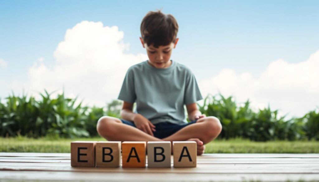 A serene and tranquil scene depicting the foundations of Applied Behavior Analysis (ABA) therapy. In the foreground, a young person sits cross-legged, intently focused on a set of building blocks, representing the core principles of ABA. Surrounding them, lush greenery and a calming sky provide a peaceful backdrop, conveying the nurturing and supportive environment essential for this transformative journey. Soft, diffused lighting illuminates the scene, creating a sense of warmth and clarity. The composition emphasizes the importance of patience, attention to detail, and a holistic approach to fostering positive behavioral changes. This realistic image visually encapsulates the foundational steps of embarking on an ABA-guided path toward growth and self-discovery.