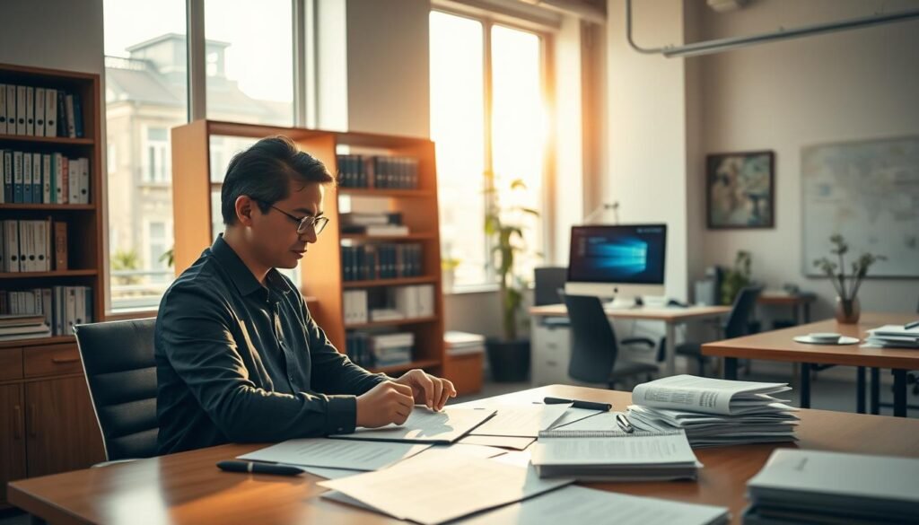 A serene office setting with a professional certification process unfolding. In the foreground, a person sitting at a desk, meticulously filling out forms and gathering supporting documents. Warm, natural lighting filters through large windows, casting a soft glow on the scene. In the middle ground, a bookshelf stands filled with reference materials, a computer monitor displays progress, and a sense of order and organization prevails. The background reveals a tastefully decorated workspace, with subtle hints of the company's branding. The atmosphere exudes professionalism, attention to detail, and a commitment to recognizing and validating one's accomplished career. The image conveys the step-by-step process of professional certification, a meaningful milestone in one's professional journey.