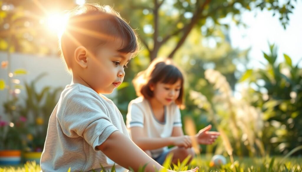 A serene, sun-dappled scene depicting the key benefits of ABA therapy for child development and learning. In the foreground, a young child engaged in a playful activity, their face lit by a warm, natural glow. In the middle ground, a therapist guiding the child with nurturing, inclusive gestures. The background showcases a vibrant, nature-inspired setting, with lush greenery and a calming, inviting atmosphere. The overall composition conveys a sense of progress, growth, and the transformative impact of ABA therapy on a child's cognitive, social, and behavioral development. Realistic, high-quality rendering with a soft, dreamlike quality.