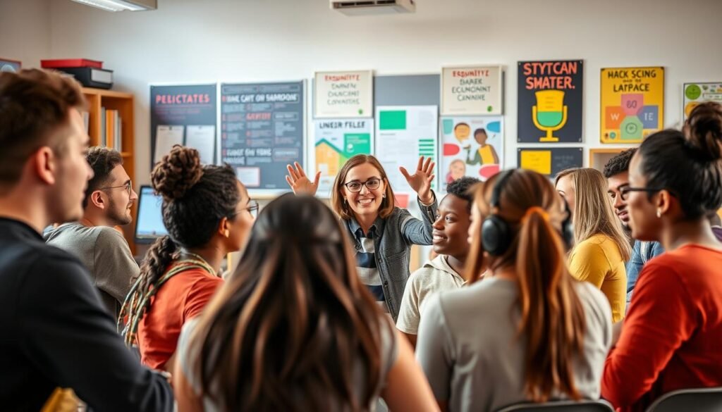 A vibrant classroom scene with diverse students and a passionate teacher, conveying the dynamic opportunities in the field of pedagogy. In the foreground, a group of attentive learners engage in a lively discussion, their faces lit by soft, natural lighting. In the middle ground, the teacher, radiating enthusiasm, gestures animatedly while guiding the class. The background features a well-equipped, modern educational setting, with bookshelves, technological aids, and inspiring educational posters, all contributing to a sense of optimism and potential. The overall atmosphere evokes a sense of intellectual stimulation, personal growth, and the promise of a rewarding career in the field of pedagogy.