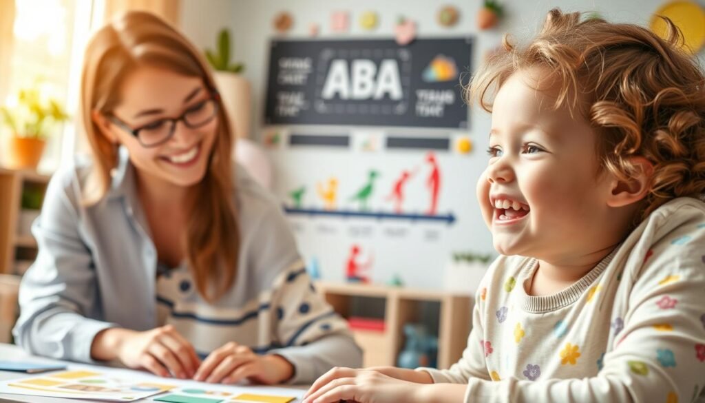 A warm, supportive scene depicting the positive results of Applied Behavior Analysis (ABA) therapy for children. In the foreground, a young child happily engaged in an educational activity, guided by a caring therapist. The middle ground shows the child's progress through developmental milestones, with joyful expressions and a sense of accomplishment. In the background, a nurturing environment with vibrant colors, natural lighting, and symbols of growth and learning. The image conveys the transformative power of ABA, fostering the child's cognitive, social, and emotional development in a realistic, heartwarming manner.