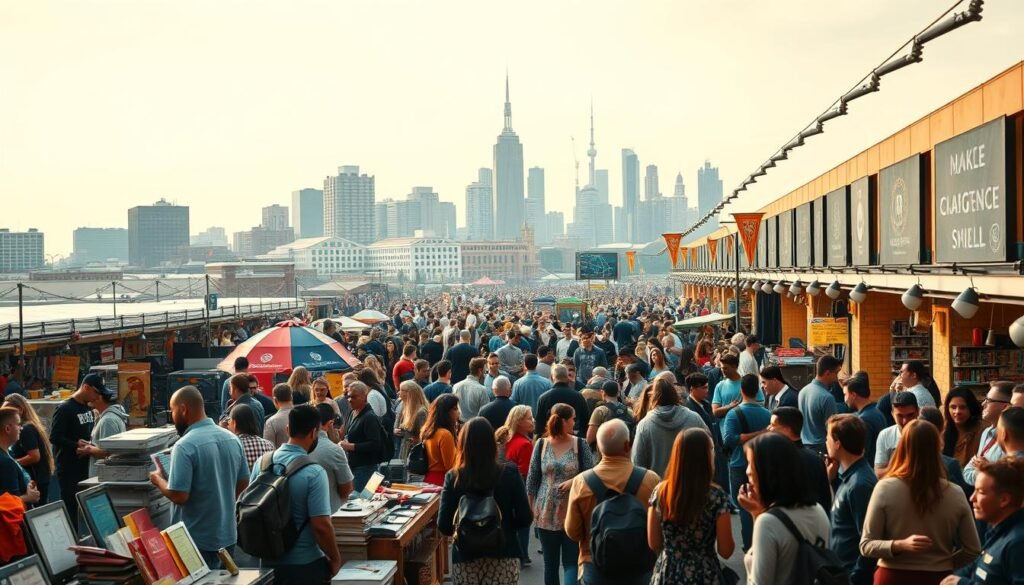 An expansive vista of a bustling marketplace, teeming with opportunities for the pedagogical profession. In the foreground, a diverse array of educational resources and teaching tools are displayed, showcasing the breadth of the field. The middle ground is occupied by a throng of aspiring and experienced educators, engaged in animated discussions, sharing ideas and exploring new avenues. In the background, a towering skyline of modern school buildings and universities, representing the vast potential for growth and advancement within the pedagogical landscape. Warm, diffused lighting casts a welcoming glow, evoking a sense of optimism and possibility. The scene is captured through a wide-angle lens, conveying the expansive and interconnected nature of the pedagogical market.