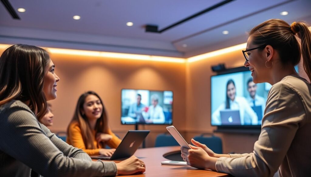 Flexibilidade pedagogia EAD: uma jornada de aprendizado em um ambiente digital acolhedor. Uma cena realista mostra uma professora ensinando com entusiasmo, usando uma lousa interativa em uma sala de aula virtual bem iluminada. Estudantes engajados, com rostos concentrados, interagem através de janelas de vídeo fluidas. O ambiente transmite confiança, superando as barreiras do distanciamento com conexão e colaboração. Uma composição harmoniosa, com tons quentes e suaves, capturando a essência da educação à distância com flexibilidade e eficácia.