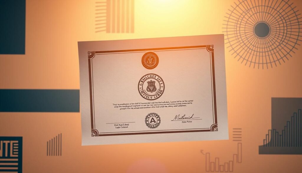 Pristine certificate floating in warm, golden light, its seal and insignia emblazoned with a sense of authority and validation. Surrounding it, abstract patterns and geometric shapes in shades of blue and gray, conveying the notion of legal framework, national accreditation, and professional recognition. The composition is balanced, with the certificate taking center stage, while the supporting elements create a sense of depth and context. The lighting is soft and directional, casting gentle shadows and highlights that accentuate the certificate's textured surface and elegant design. The overall mood is one of legitimacy, authenticity, and the weight of official endorsement.